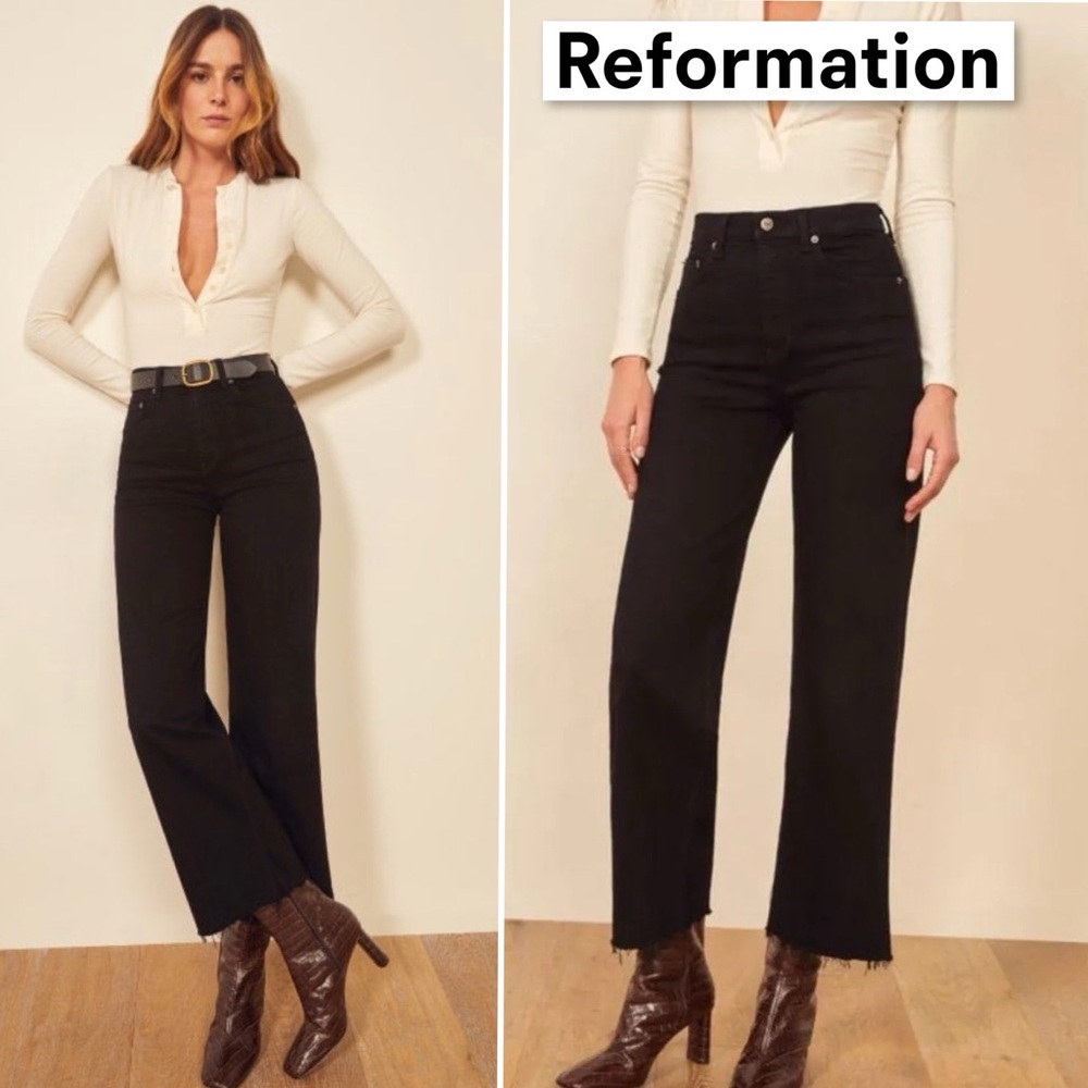 Reformation Emma High Rise Wide Leg Jeans 28 Black Denim Raw Hem Stretch